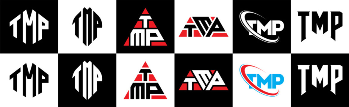 TMP letter logo design in six style. TMP polygon, circle, triangle, hexagon, flat and simple style with black and white color variation letter logo set in one artboard. TMP minimalist and classic logo