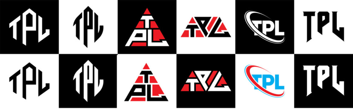 TPL letter logo design in six style. TPL polygon, circle, triangle, hexagon, flat and simple style with black and white color variation letter logo set in one artboard. TPL minimalist and classic logo