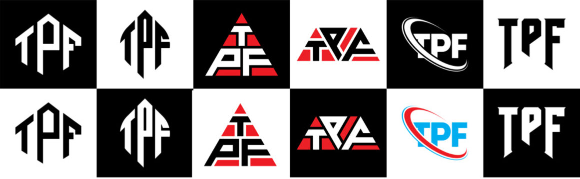 TPF letter logo design in six style. TPF polygon, circle, triangle, hexagon, flat and simple style with black and white color variation letter logo set in one artboard. TPF minimalist and classic logo