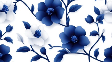 Elegant blue and white porcelain-style chinoiserie design with intertwined vines, blossoms, and delicate details, creating a vintage floral motif.