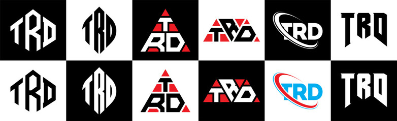 TRD letter logo design in six style. TRD polygon, circle, triangle, hexagon, flat and simple style with black and white color variation letter logo set in one artboard. TRD minimalist and classic logo