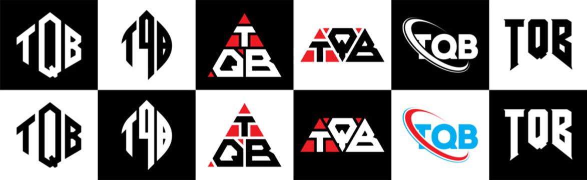 TQB letter logo design in six style. TQB polygon, circle, triangle, hexagon, flat and simple style with black and white color variation letter logo set in one artboard. TQB minimalist and classic logo