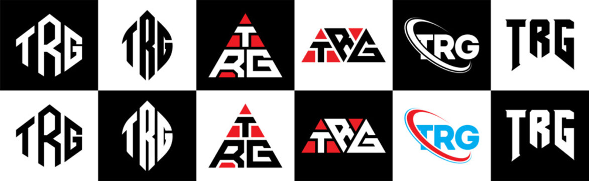 TRG letter logo design in six style. TRG polygon, circle, triangle, hexagon, flat and simple style with black and white color variation letter logo set in one artboard. TRG minimalist and classic logo