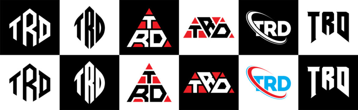TRD letter logo design in six style. TRD polygon, circle, triangle, hexagon, flat and simple style with black and white color variation letter logo set in one artboard. TRD minimalist and classic logo