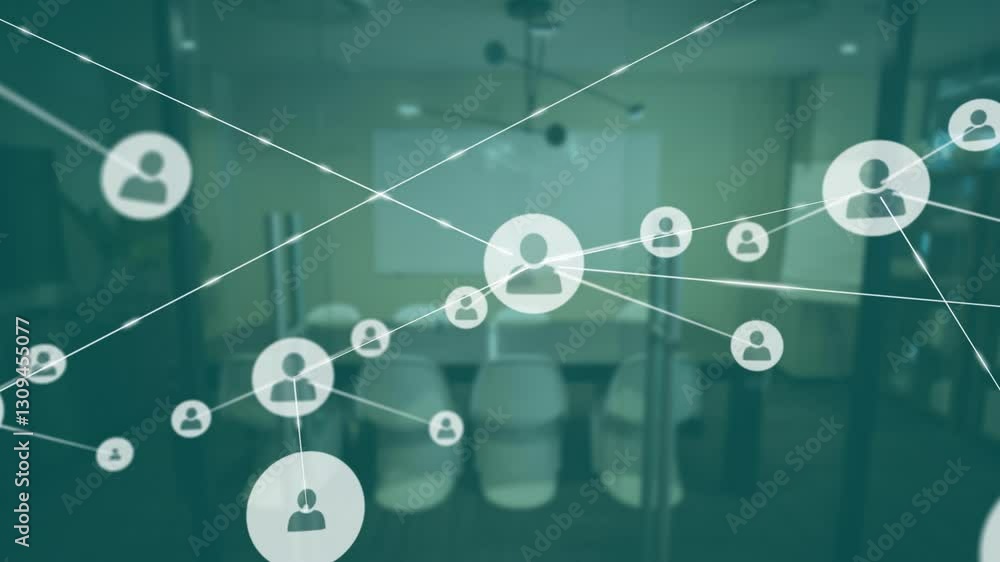 Poster network of connections and data processing animation over empty conference room