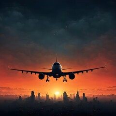 Digital matte painting with a silhouette of a plane flying in the glow of the sunset.
