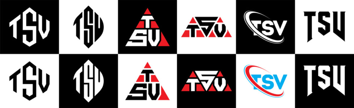 TSV letter logo design in six style. TSV polygon, circle, triangle, hexagon, flat and simple style with black and white color variation letter logo set in one artboard. TSV minimalist and classic logo