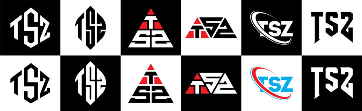 TSZ letter logo design in six style. TSZ polygon, circle, triangle, hexagon, flat and simple style with black and white color variation letter logo set in one artboard. TSZ minimalist and classic logo