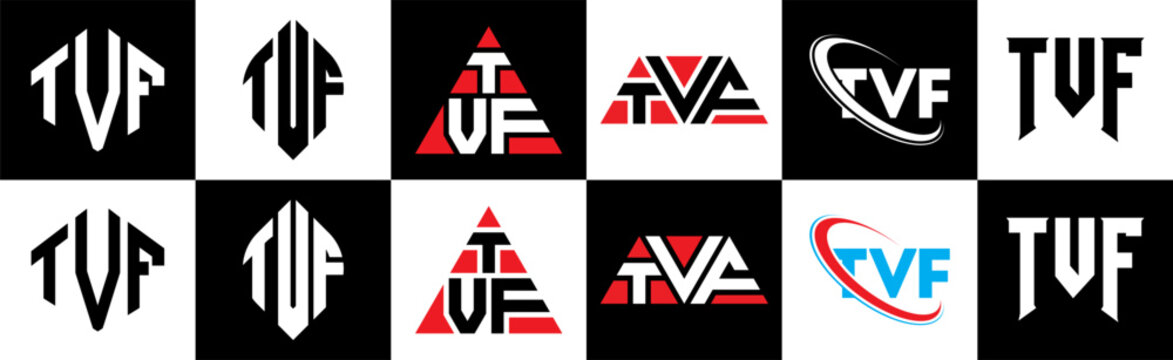 TVF letter logo design in six style. TVF polygon, circle, triangle, hexagon, flat and simple style with black and white color variation letter logo set in one artboard. TVF minimalist and classic logo