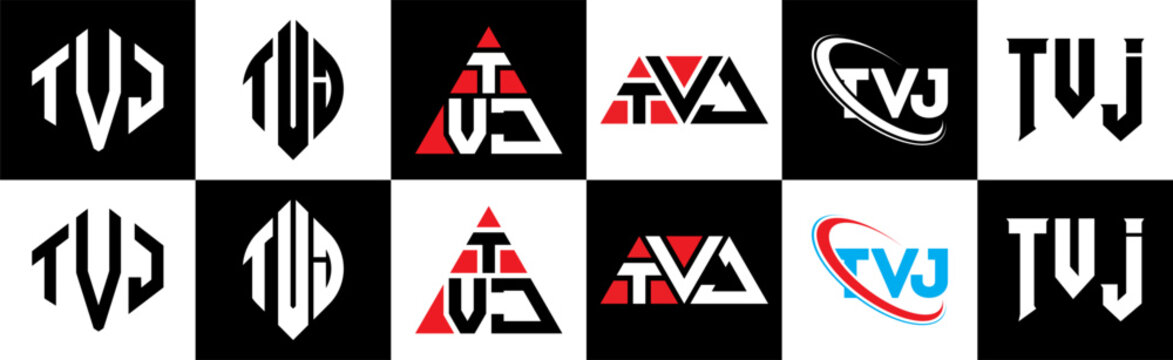 TVJ letter logo design in six style. TVJ polygon, circle, triangle, hexagon, flat and simple style with black and white color variation letter logo set in one artboard. TVJ minimalist and classic logo