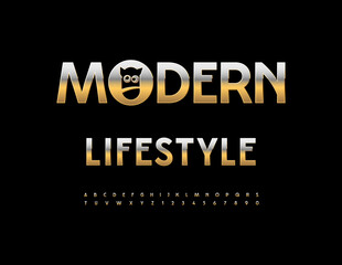 Vector Cool emblem Modern Lifestyle with Funny Emblem. Fashion Gold Font. Refined Alphabet Letters and Numbers set