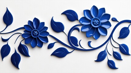 Vintage chinoiserie design in blue and white, featuring floral motifs with intertwining vines and delicate lines reminiscent of porcelain art.