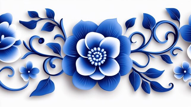 Sophisticated blue and white porcelain-style pattern with intricate vines and blossoms, capturing the elegance of chinoiserie art.