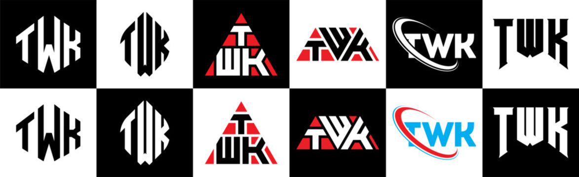 TWK letter logo design in six style. TWK polygon, circle, triangle, hexagon, flat and simple style with black and white color variation letter logo set in one artboard. TWK minimalist and classic logo