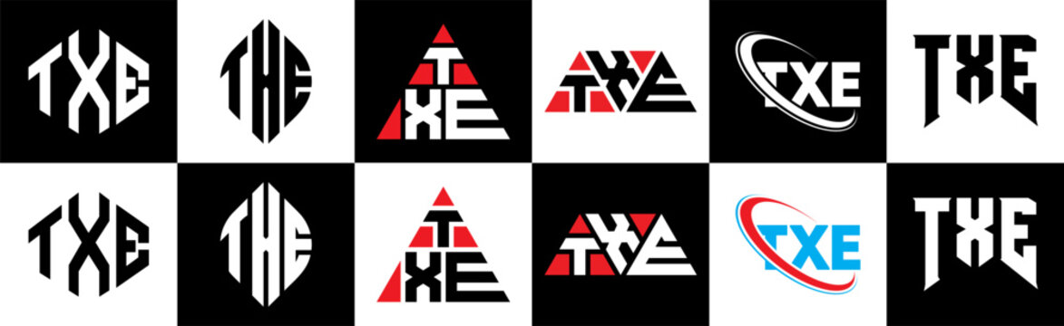 TXE letter logo design in six style. TXE polygon, circle, triangle, hexagon, flat and simple style with black and white color variation letter logo set in one artboard. TXE minimalist and classic logo