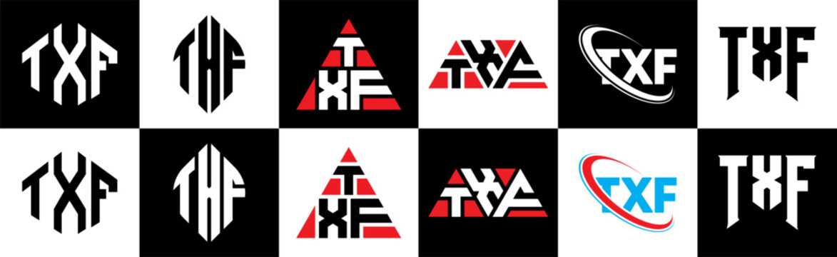 TXF letter logo design in six style. TXF polygon, circle, triangle, hexagon, flat and simple style with black and white color variation letter logo set in one artboard. TXF minimalist and classic logo