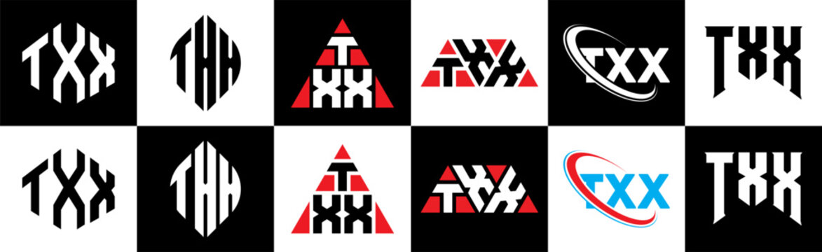 TXX letter logo design in six style. TXX polygon, circle, triangle, hexagon, flat and simple style with black and white color variation letter logo set in one artboard. TXX minimalist and classic logo