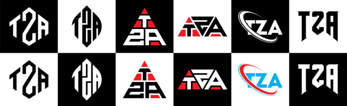 TZA letter logo design in six style. TZA polygon, circle, triangle, hexagon, flat and simple style with black and white color variation letter logo set in one artboard. TZA minimalist and classic logo