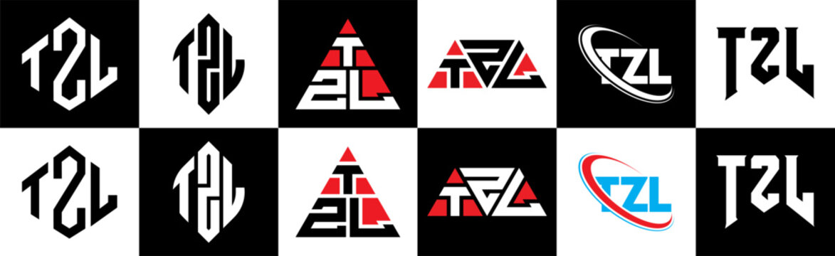 TZL letter logo design in six style. TZL polygon, circle, triangle, hexagon, flat and simple style with black and white color variation letter logo set in one artboard. TZL minimalist and classic logo