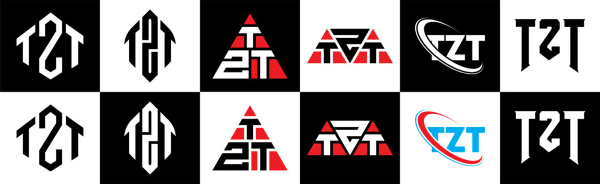 TZT letter logo design in six style. TZT polygon, circle, triangle, hexagon, flat and simple style with black and white color variation letter logo set in one artboard. TZT minimalist and classic logo