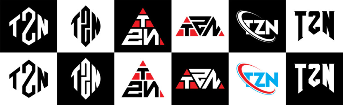 TZN letter logo design in six style. TZN polygon, circle, triangle, hexagon, flat and simple style with black and white color variation letter logo set in one artboard. TZN minimalist and classic logo