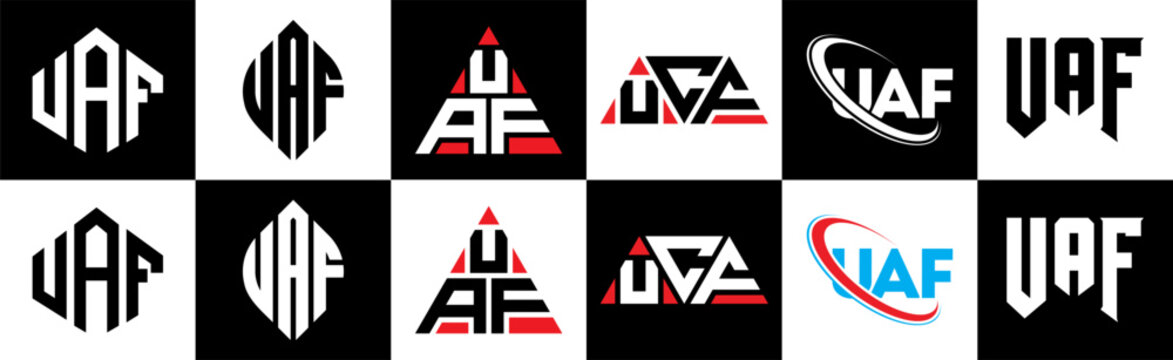 UAF letter logo design in six style. UAF polygon, circle, triangle, hexagon, flat and simple style with black and white color variation letter logo set in one artboard. UAF minimalist and classic logo
