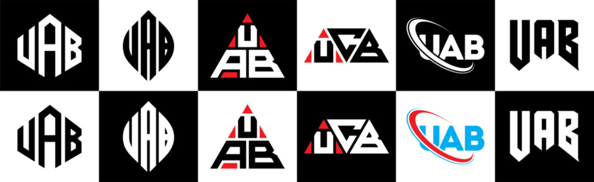 UAB letter logo design in six style. UAB polygon, circle, triangle, hexagon, flat and simple style with black and white color variation letter logo set in one artboard. UAB minimalist and classic logo