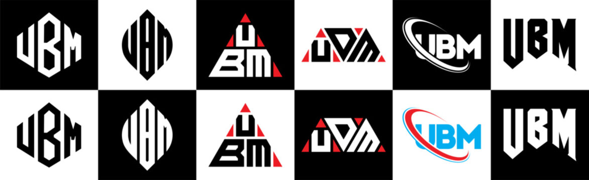 UBM letter logo design in six style. UBM polygon, circle, triangle, hexagon, flat and simple style with black and white color variation letter logo set in one artboard. UBM minimalist and classic logo