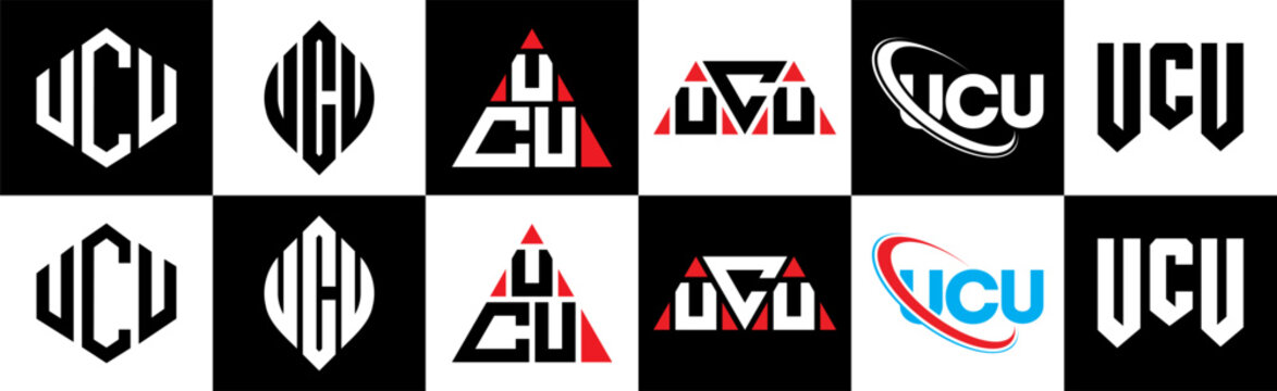 UCU letter logo design in six style. UCU polygon, circle, triangle, hexagon, flat and simple style with black and white color variation letter logo set in one artboard. UCU minimalist and classic logo