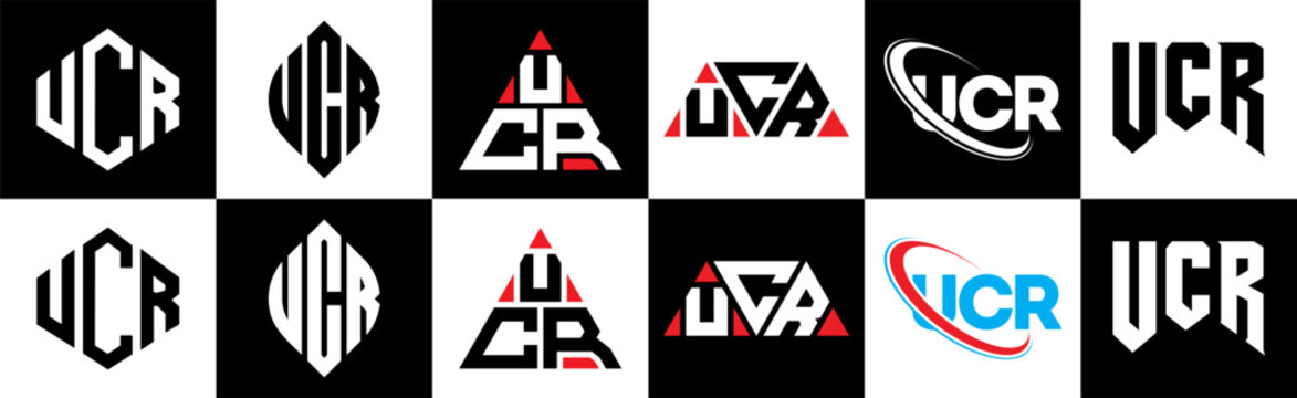 UCR letter logo design in six style. UCR polygon, circle, triangle, hexagon, flat and simple style with black and white color variation letter logo set in one artboard. UCR minimalist and classic logo