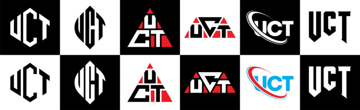 UCT letter logo design in six style. UCT polygon, circle, triangle, hexagon, flat and simple style with black and white color variation letter logo set in one artboard. UCT minimalist and classic logo