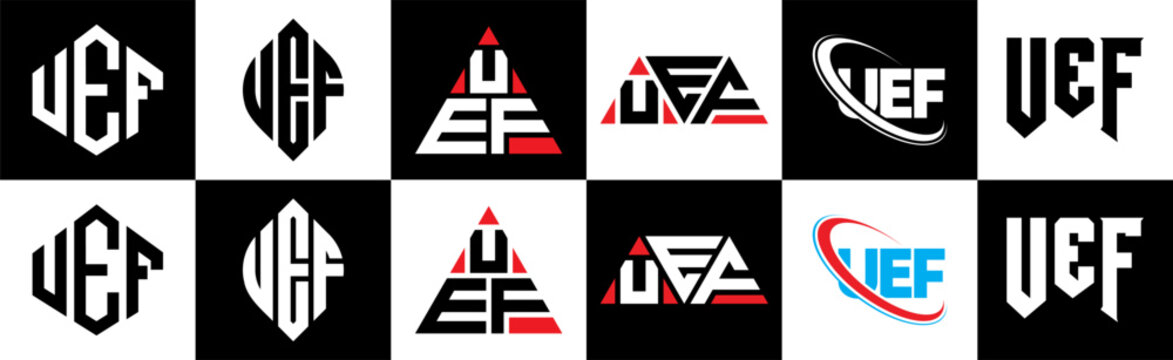 UEF letter logo design in six style. UEF polygon, circle, triangle, hexagon, flat and simple style with black and white color variation letter logo set in one artboard. UEF minimalist and classic logo