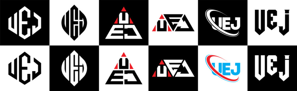 UEJ letter logo design in six style. UEJ polygon, circle, triangle, hexagon, flat and simple style with black and white color variation letter logo set in one artboard. UEJ minimalist and classic logo