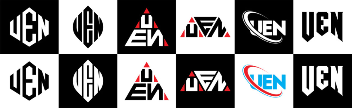 UEN letter logo design in six style. UEN polygon, circle, triangle, hexagon, flat and simple style with black and white color variation letter logo set in one artboard. UEN minimalist and classic logo