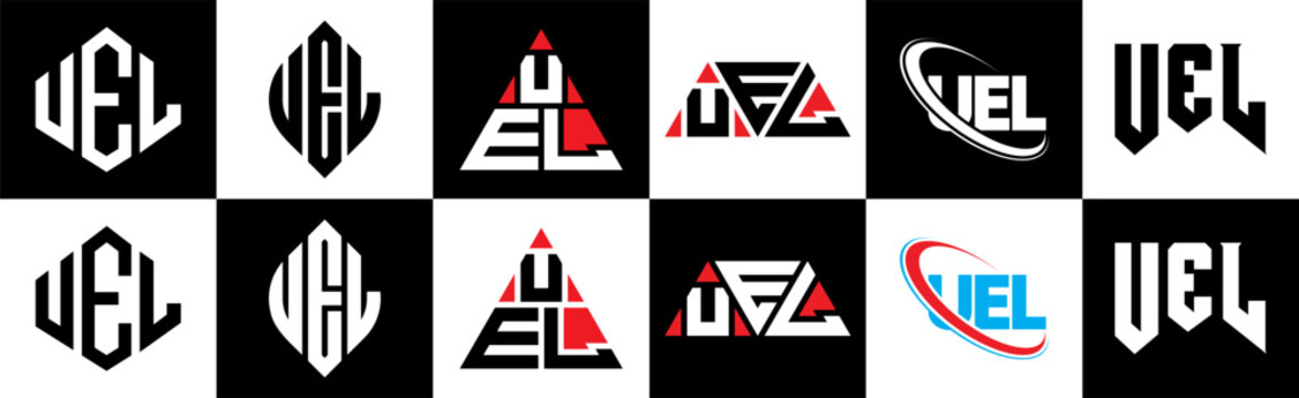 UEL letter logo design in six style. UEL polygon, circle, triangle, hexagon, flat and simple style with black and white color variation letter logo set in one artboard. UEL minimalist and classic logo