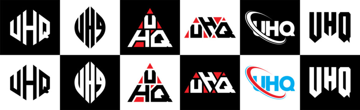 UHQ letter logo design in six style. UHQ polygon, circle, triangle, hexagon, flat and simple style with black and white color variation letter logo set in one artboard. UHQ minimalist and classic logo