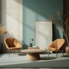 two modern chairs and a wooden coffee table in a contemporary living room setting