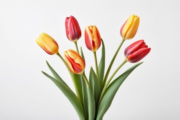 there are many different colored tulips in a vase on a table