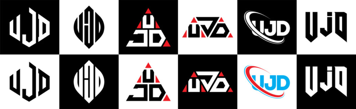UJD letter logo design in six style. UJD polygon, circle, triangle, hexagon, flat and simple style with black and white color variation letter logo set in one artboard. UJD minimalist and classic logo