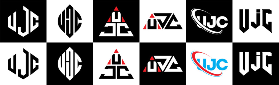 UJC letter logo design in six style. UJC polygon, circle, triangle, hexagon, flat and simple style with black and white color variation letter logo set in one artboard. UJC minimalist and classic logo