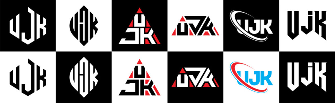UJK letter logo design in six style. UJK polygon, circle, triangle, hexagon, flat and simple style with black and white color variation letter logo set in one artboard. UJK minimalist and classic logo