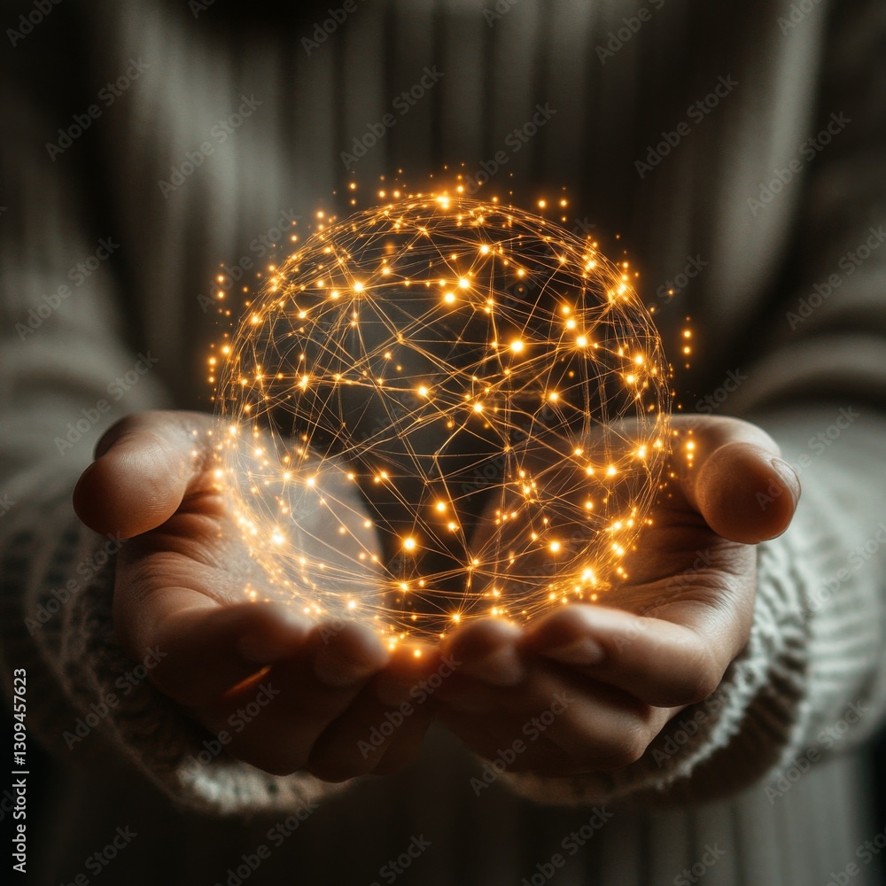 Poster a person holds a glowing spherical network of light particles. this artistic representation symboliz