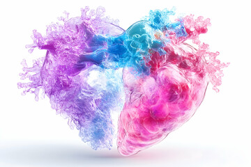 Abstract heart anatomy; vibrant, colorful, translucent, 3D render.