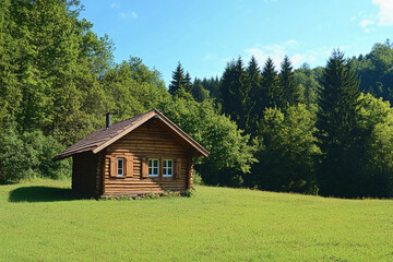 Fototapeta premium Wooden log cabin in a grassy field surrounded by trees Generative AI
