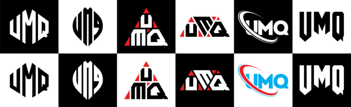 UMQ letter logo design in six style. UMQ polygon, circle, triangle, hexagon, flat and simple style with black and white color variation letter logo set in one artboard. UMQ minimalist and classic logo
