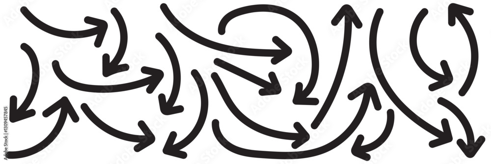 Poster set of simple lines hand drawn black arrows in various style. set of simple of hand drawn black arro