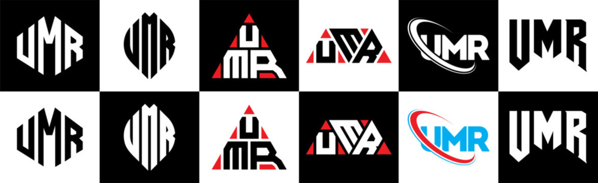 UMR letter logo design in six style. UMR polygon, circle, triangle, hexagon, flat and simple style with black and white color variation letter logo set in one artboard. UMR minimalist and classic logo