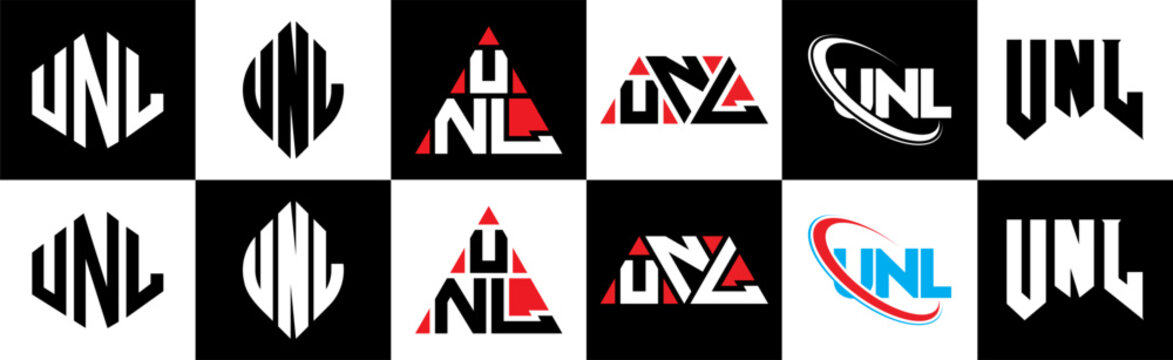 UNL letter logo design in six style. UNL polygon, circle, triangle, hexagon, flat and simple style with black and white color variation letter logo set in one artboard. UNL minimalist and classic logo