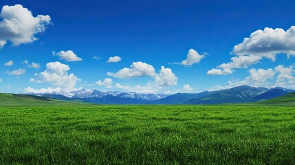 Obraz premium Serene Austrian Landscape with Vibrant Green Meadow and Majestic Mountains Under Clear Blue Sky, Ideal Sunny Summer Day Scenery
