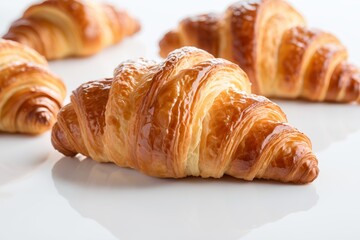 there are four croissants on a white plate on a table